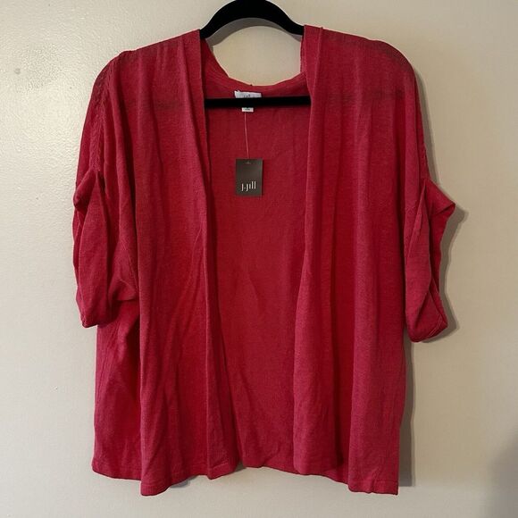 NWT J Jill Pink Strawberry Cardigan Sweater Short Sleeve Tunic‎ Open Lagen XLP - Picture 1 of 10